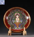 YONGZHENG MARK RED GLAZE GUANYIN DISH OUTLINE IN GOLD