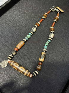 TIBETAN MULTI-GEMS & DZI BRACELET NECKLACE: Size as photo
