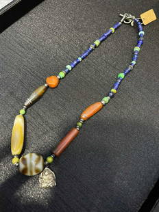 TIBETAN MULTI-GEMS & DZI BRACELET NECKLACE: Size as photo
