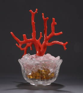 SARDING CORAL WITH CRYSTAL POT BONSAI: Cup Height 4.6 cm / Width 8.2 cm ; Coral Height 12.7 cm / Width 14.2 cm / Thickness 2.7 cm