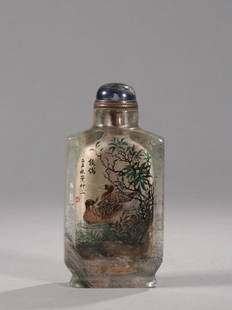 CRYSTAL INSIDE PAINTING DUCK PATTERN SNUFF BOTTLE: Height 9 cm / Length 4.2 cm / Width 2.1 cm