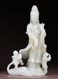 HETIAN JADE CARVED KID&GUANYIN BUDDHA STATUE