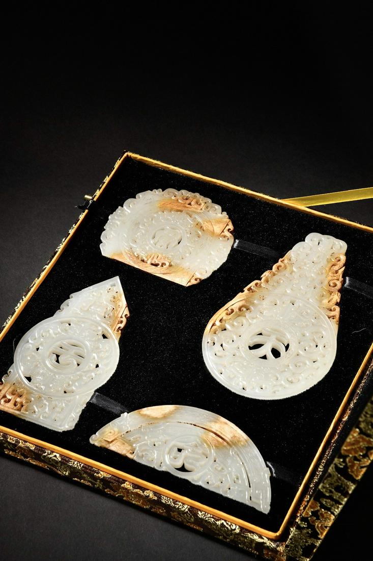 SET OF ANTIQUE JADE CARVED PENDANTS: Height 17 cm / Width 10.3 cm / Thickness 0.7 cm / For more detailed description of this item please leave message to us or contact us at Email: info@empireauctioninc.com