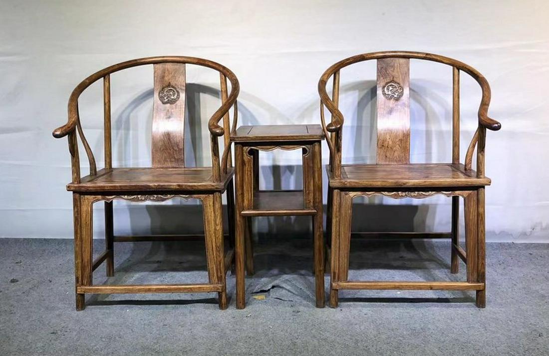 PAIR OF HUANGHUALI WOOD CARVED CHAIRS: (1) Chair Dimension Length 59 cm / Width 46 cm / Height 49 cm / The back Height 98 cm (2) Desk dimension 31 x 41 x 71 cm