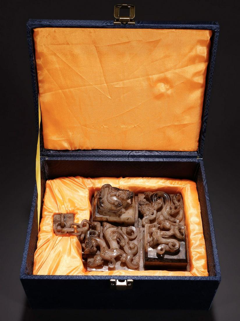 SET OF ANTIQUE JADE CARVED DRAGON SEALS: Height 8 cm / Width 14 cm / Thickness 13.5 cm / For more detailed description of this item please leave message to us or contact us at Email: info@empireauctioninc.com