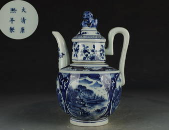 KANGXI MARK BLUE&WHITE GLAZE ANDSCAPE PATTERN POT