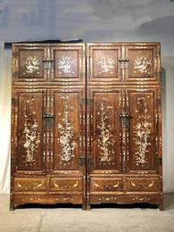 PAIR OF HUANGHUALI WOOD CARVED INLAID SHELL CABINET