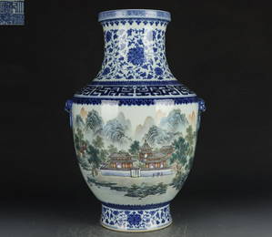 QIANLONG MARK FAMILLE ROSE GLAZE LANDSCAPE PATTERN VASE