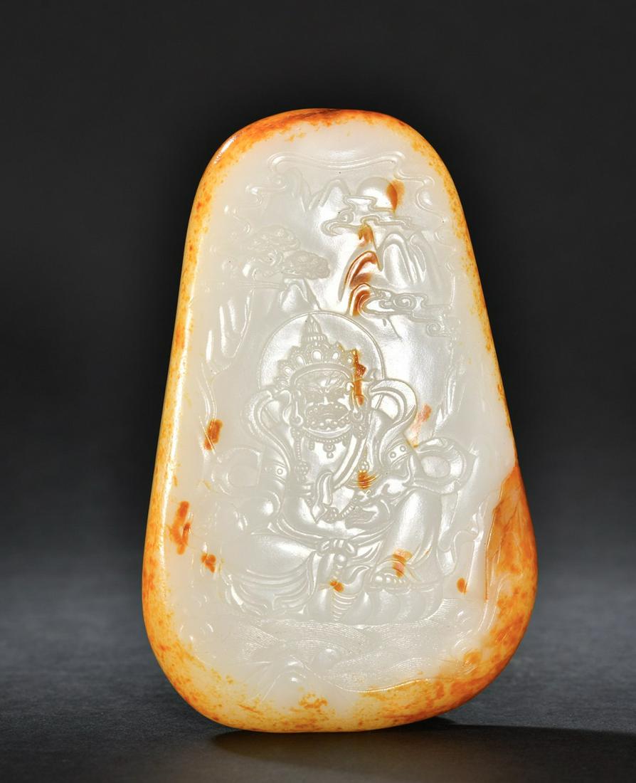MUTTON FAT JADE CARVED JAMBHALA BUDDHA PATTERN PENDANT: Height 16.6 cm / Width 10.7 cm / Thickness 3.5 cm / Weight 1109 g(H 6.5 in / W 4.2 in / H 1.4 in)For more detailed description of this item please leave message to us or contact us at Email: info@empi