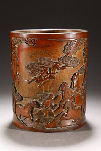 Wu Zhifan Mark Bamboo Carved Figure Story Brush Pot