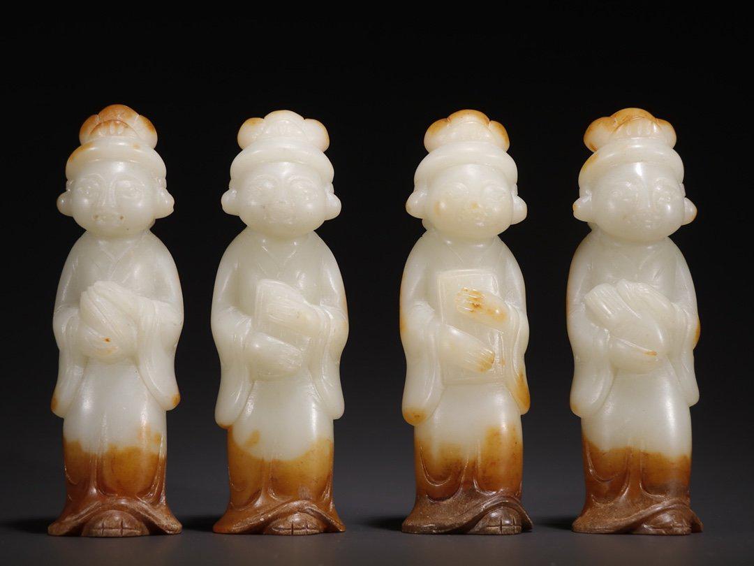 SET OF ANTIQUE JADE CARVED FIGURE: Dimension Single one Height 14.6cm / Width 4.8cm / Thickness 4.2 cm / Weight 362 g / Total Weight 1408 g, (Dimension Single one H 5.7in / W 1.9in / H 1.7 in), For more detailed description of this ite