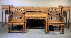 SET OF HUANGHUALI WOOD CARVED TABLE&DESK&CHAIRS