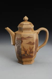 LANDSCAPE PATTERN HEXAGON SHAPE ZISHA POT: Dimension 18 x 10 x 20 cm / Weight 510 g, (Dimension 7.1 x 3.9 x 7.9 in), For more detailed description of this item please leave message to us or contact us at Email: info@empireauctioninc.com /