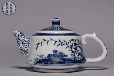 XUANGDE MARK BLUE&WHITE GLAZE MANDARIN DUCK PATTERN POT: Height 9 cm / Length 16.5 cm / Diameter 10 cm / Weight 207 g, (H 3.5 in / L 6.5 in / Diameter 3.9 in), For more detailed description of this item please leave message to us or contact us at Email: