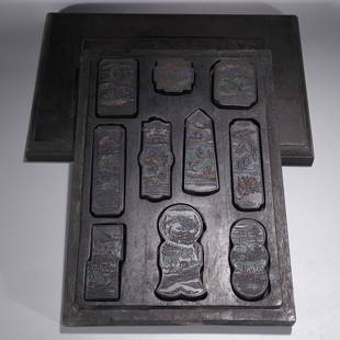 COLOR PAINTED LANDSCAPE PATTERN INK CAKES & WOOD BOX: Box Length 30 cm / Width 20.5 cm / Thickness 4 cm ; Ink cake Length 9.9 cm / Width 4 cm / Thickness 1.4 cm / Weight 62 g ), (Box L 11.8 in / W 8.1 in / H 1.6 in ; Ink cake L 3.9 in / W 1.6 in /