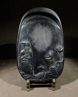 HE LINGHAN MARK DUAN STONE CARVED FIGURE INK SLAB: Length 27.5 cm / Width 17.5 cm / Thickness 2.5 cm , (L 10.8 in / W 6.9 in / H 1 in ), For more detailed description of this item please leave message to us or contact us at Email: