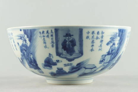 KANGXI MARK BLUE&WHITE GLAZE FIGURE STORY PATTERN BOWL: Height 9.6 cm / Mouth-Diameter 22.3 cm / Bottom8.5 cm /, (H 3.8 in / Mouth-Diameter 8.8 in / Bottom3.3 in ), For more detailed description of this item please leave message to us or contact us at