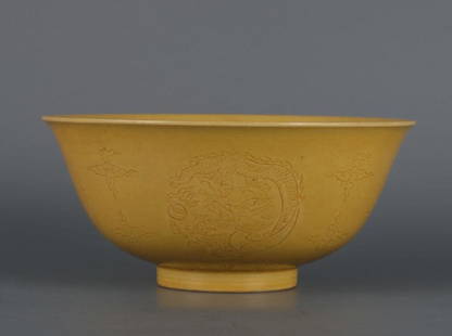 YELLOW GLAZE DRAGON PATTERN BOWL: Height 7 cm / Mouth-Diameter 15.2 cm /, (H 2.8 in / Mouth-Diameter 6 in ), For more detailed description of this item please leave message to us or contact us at Email: info@empireauctioninc.com /