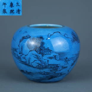 KANGXI MARK PEACOCK BLUE GLAZE LANDSCAPE BRUSH WASHER: Height 6.1 cm / Mouth-Diameter 3.5 cm / Belly-Diameter 8 cm /, (H 2.4 in / Mouth-Diameter 1.4 in / Belly-Diameter 3.1 in ), For more detailed description of this item please leave message to us or