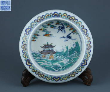 QIANLONG MARK DOUCAI GLAZE LANDSCAPE BRUSH WASHER: Height 5.6 cm / Mouth-Diameter 12 cm / Belly-Diameter 16.5 cm /, (H 2.2 in / Mouth-Diameter 4.7 in / Belly-Diameter 6.5 in ), For more detailed description of this item please leave message to us or