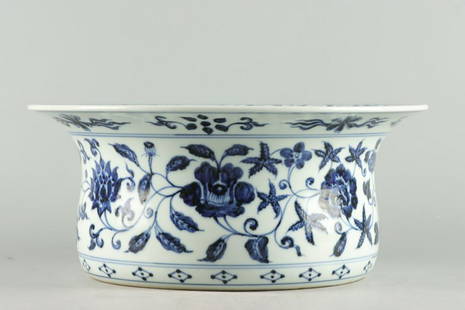 BLUE&WHITE GLAZE LOTUS PATTERN JAR: Height 13.5 cm / Mouth-Diameter 32.8 cm / Bottom 22.3 cm /, (H 5.3 in / Mouth-Diameter 12.9 in / Bottom 8.8 in ), For more detailed description of this item please leave message to us or contact us