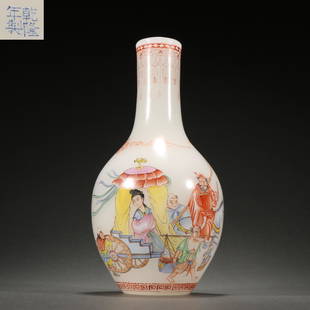 GLASS ENAMELED FIGURE STORY PATTERN VASE: Height 18.5 cm / Belly-Width 9.5 cm / Weight 330 g, (H 7.3 in / Belly-W 3.7 in), For more detailed description of this item please leave message to us or contact us at Email: