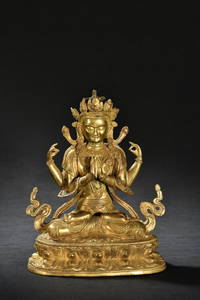 GILT BRONZE FOUR ARM GUANYIN BUDDHA STATUE