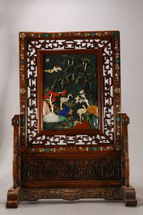 JASPER GEM INLAID PINE & CRANE PATTERN SCREEN: Dimension 46 x 23 x 66 cm /, (Dimension 18.1 x 9.1 x 26 in ), For more detailed description of this item please leave message to us or contact us at Email: info@empireauctioninc.com /