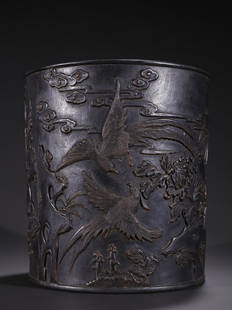 ZITAN WOOD CARVED DOUBLE MAGPIE PATTERN BRUSH POT: Height 22Width 20.7Inner-Diameter 16.5 cm / Weight 2500 g, (H 8.7W 8.1Inner-Diameter 6.5 in), For more detailed description of this item please leave message to us or contact us at Email: