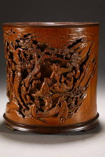 BAMBOO CARVED FIGURE STORY PATTERN BRUSH POT: Dimension 15 x 16.3 cm / Weight 720 g, (Dimension 5.9 x 6.4 in), For more detailed description of this item please leave message to us or contact us at Email: info@empireauctioninc.com /