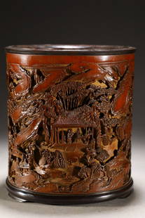 ZHUYIN MARK BAMBOO CARVED FIGURE STORY BRUSH POT: Dimension 15.3 x 17.4 cm / Weight 740 g, (Dimension 6 x 6.9 in), For more detailed description of this item please leave message to us or contact us at Email: info@empireauctioninc.com /