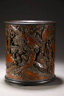 QIXIANG MARK BAMBOO CARVED FIGURE STORY BRUSH POT: Dimension 15.1 x 17 cm / Weight 780 g, (Dimension 5.9 x 6.7 in), For more detailed description of this item please leave message to us or contact us at Email: info@empireauctioninc.com /