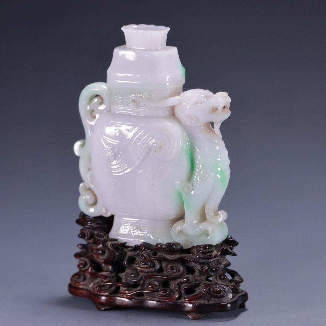 JADEITE CARVED DRAGON PATTERN VASE - 4