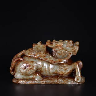 HETIAN JADE CARVED KIRIN BEAST ORNAMENT: Length 19 cm / Width 6.5 cm / Height 10.5 cm / Weight 1960 g, (L 7.5 in / W 2.6 in / H 4.1 in), For more detailed description of this item please leave message to us or contact us at Email: