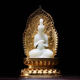 HETIAN JADE CARVED GUANYIN BUDDHA & GILT SILVER BASE: Base Height 20.3 cm / Length 12 cm / Width 8.8 cm / Weight 642.2 g ; Buddha Height 11.2 cm / Width 7 cm / Thickness 4 cm / Weight 216.8 g, For more detailed description of this item please leave