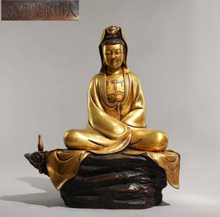 YONGLE MARK GILT COPPER GUANYIN BUDDHA STATUE: Height 37 cm / Width 33 cm , Six-character Chinese seal mark "Da Ming Yongle Nian Shi" , Ming dynasty (1368â€“1644), Yongle period (1403â€“24), (H 14.6 in / W 13 in ), For more detailed