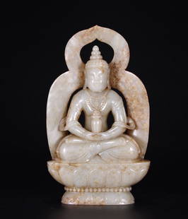 HETIAN JADE CARVED BUDDHA STATUE: Height 18 cm / Width 10 cm / Thickness 305 cm / Weight 740 g, (H 7.1 in / W 3.9 in / H 11.82 in), For more detailed description of this item please leave message to us or contact us at Email: