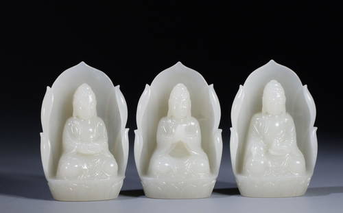 SET OF HETIAN JADE CARVED BUDDHA STATUES: Height 6.3 cm / Width 4 cm / Thickness 2.2 cm / Total Weight 185 g, (H 2.5 in / W 1.6 in / H 0.9 in ), For more detailed description of this item please leave message to us or contact us at Email: