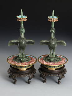 PAIR OF CLOISONNE&HETIAN JASPER CRANE CANDLE HOLDERS: Diameter 13 x 33 cm / Weight 2410 g, (Diameter 5.1 x 13 in), For more detailed description of this item please leave message to us or contact us at Email: info@empireauctioninc.com /