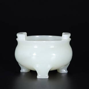 HETIAN JADE CARVED TRIPOD CENSER: Diameter 5 cm / Height 3.8 cm / Weight 87 g, (Diameter 2 in / H 1.5 in), For more detailed description of this item please leave message to us or contact us at Email: info@empireauctioninc.com /