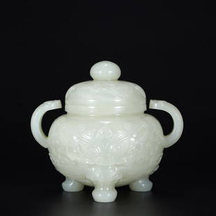 HETIAN JADE CARVED CENSER: Length 9.5 cm / Width 7.3 cm / Height 8 cm / Weight 222 g, (L 3.7 in / W 2.9 in / H 3.1 in), For more detailed description of this item please leave message to us or contact us at Email: