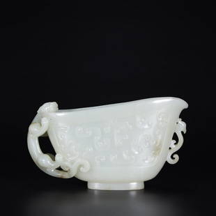 HETIAN JADE CARVED DRAGON PATTERN CUP: Length 15 cm / Width 5 cm / Height 8.5 cm / Weight 244 g, (L 5.9 in / W 2 in / H 3.3 in), For more detailed description of this item please leave message to us or contact us at Email: