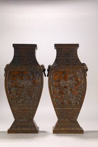 PAIR OF CHENXIANG WOOD CARVED LANDSCAPE PATTERN VASE