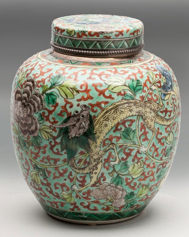 Late Qing Dynasty Famille-Rose Jar with Cover: Late Qing Dynasty Famille-Rose Jar with Cover, the jar mouth and lid are silver-fitted, with Tetard Freres, Paris mark on the silver. The exterior of the body is decorated in vivid shades of green, au