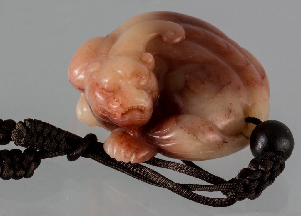Soapstone FuRong GuShou Pendant: Soapstone FuRong Pendant, carved with GuShou pattern. Dimension 1.95 in x 1.95 in 壽山石芙蓉古獸把件