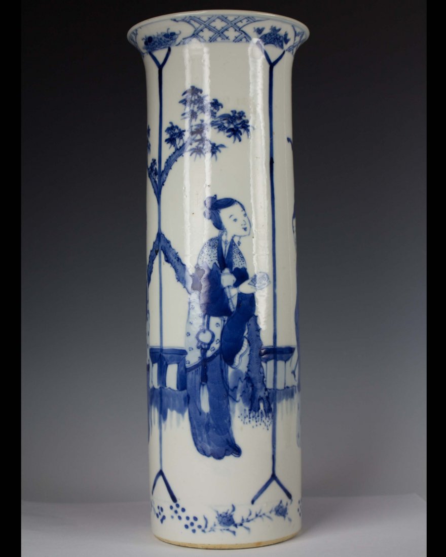 Blue & White Cylinder Vase: 19th century Blue & White Cylinder Vase with Kang Xi Nian Zhi mark on bottom, overall good condition, normal wear for age, height 298mm, 108mm diameter