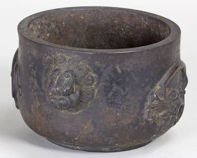 QING BRONZE CENSER CARVING WITH DRAGON AND SONGHU: Qing Bronze Censer with songhu mark on bottom, and two animal-shape handle, carved of dragon. D 4.62 in H 3.12 in