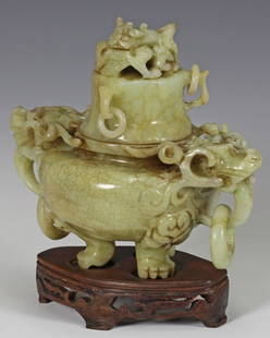 Xiu Jade Incense Burner: Xiu Jade Incense Burner, Hand Carved with Dragon form lid, Dragon head form handle with ring, good condition, height 140mm, width 146mm.