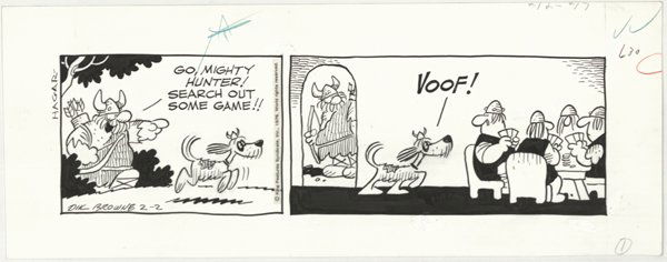 Browne Hagar daily 2/2/76 original comic art: Dik Browne, Hagar the Horrible daily, 2/2/76, 3 1/2"x11 1/2".