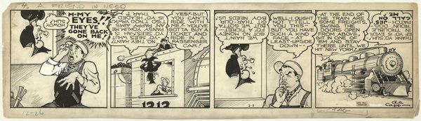 Capp Li'l Abner daily 2/5/35 original comic art: Al Capp, Li'l Abner daily, 2/5/35, 5 1/2"x22", "A Friend in Need", use of whiteout in first panel.